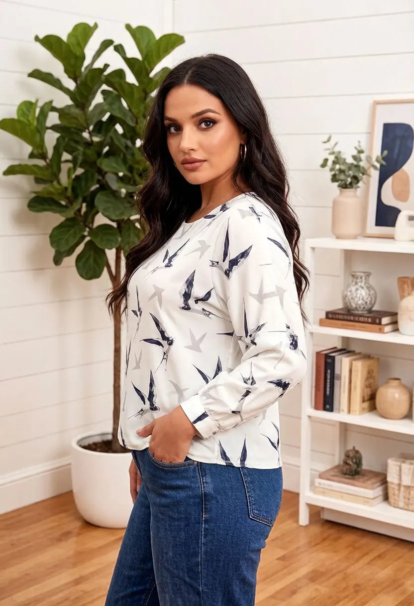 Women Bird Print Blouse Chiffon Top 3/4 Sleeve Crew Neck Casual Loose Fit Summer Shirt view 5