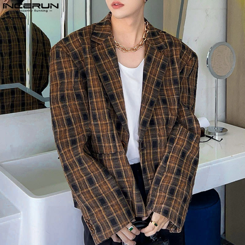 2024 INCERUN koreańska moda casualowa marynarka z długim rękawem luźne płaszcze prosta kieszeń Bottun Lapel garnitury w kratę jesień Streetwear S-5XL
