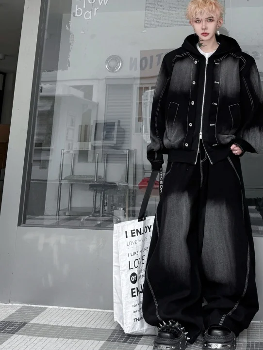 

Spring 2026 Men's Casual Spor Denim Jaet And Wide Leg Pants Set Vintage Contrast Color Hooded Patchwork Long Sve