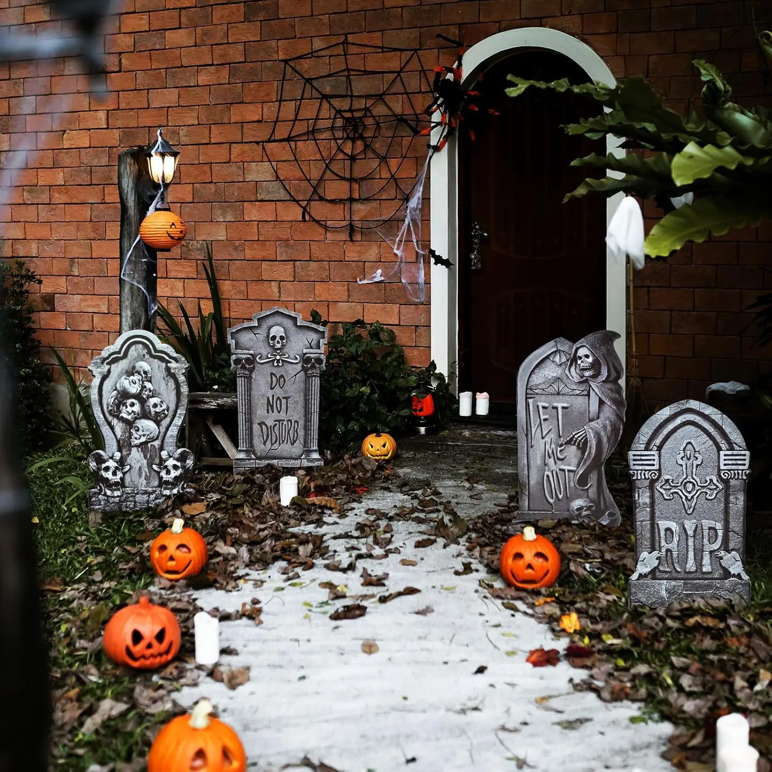 6 szt. Dekoracji na Halloween w kształcie nagrobków z wbijanymi kołkami, wzór szkieletu i ponurego żniwiarza, dekoracje na imprezę Halloweenową, trawnik, podwórko.