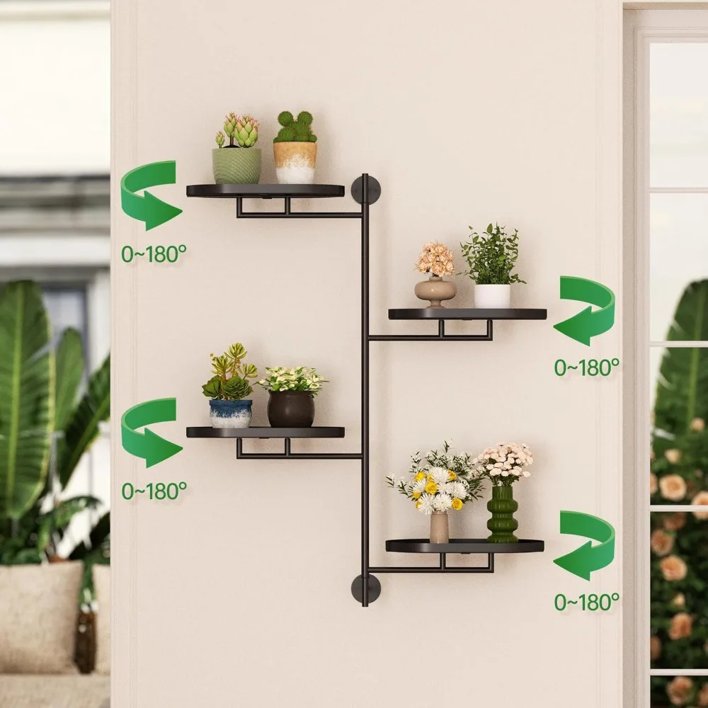 حامل نباتي دوار مكون من 4 طبقات، رف تثبيت على الحائط معدني أسود للنباتات الداخلية لديكور المنزل