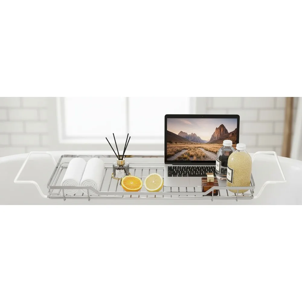 

Adjustable Tub Rack, 304 Stainless Steel Bathroom Tray, Multi-Function Organizer with Reading Stand for Tablet or Phone