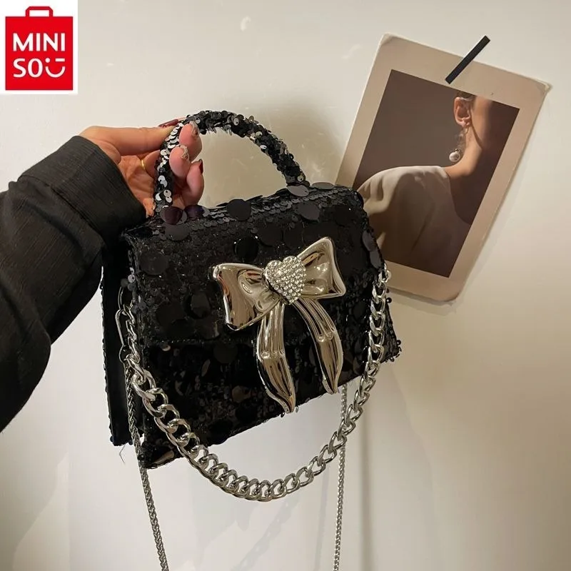 MINISO Disney Princess Bow Silver Shiny Woven Bead Sequins Fashionable Small Square Bag Women's Multi functional Storage Handbag