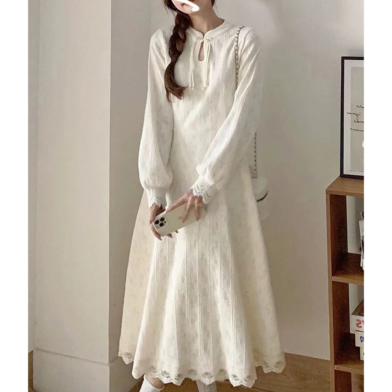 

Sweet Lace Patchwork Dress Women Gentle Lantern Sleeve A Line Loose Dress Fashion Elegant Preppy Style Beach Vacation Vestidos