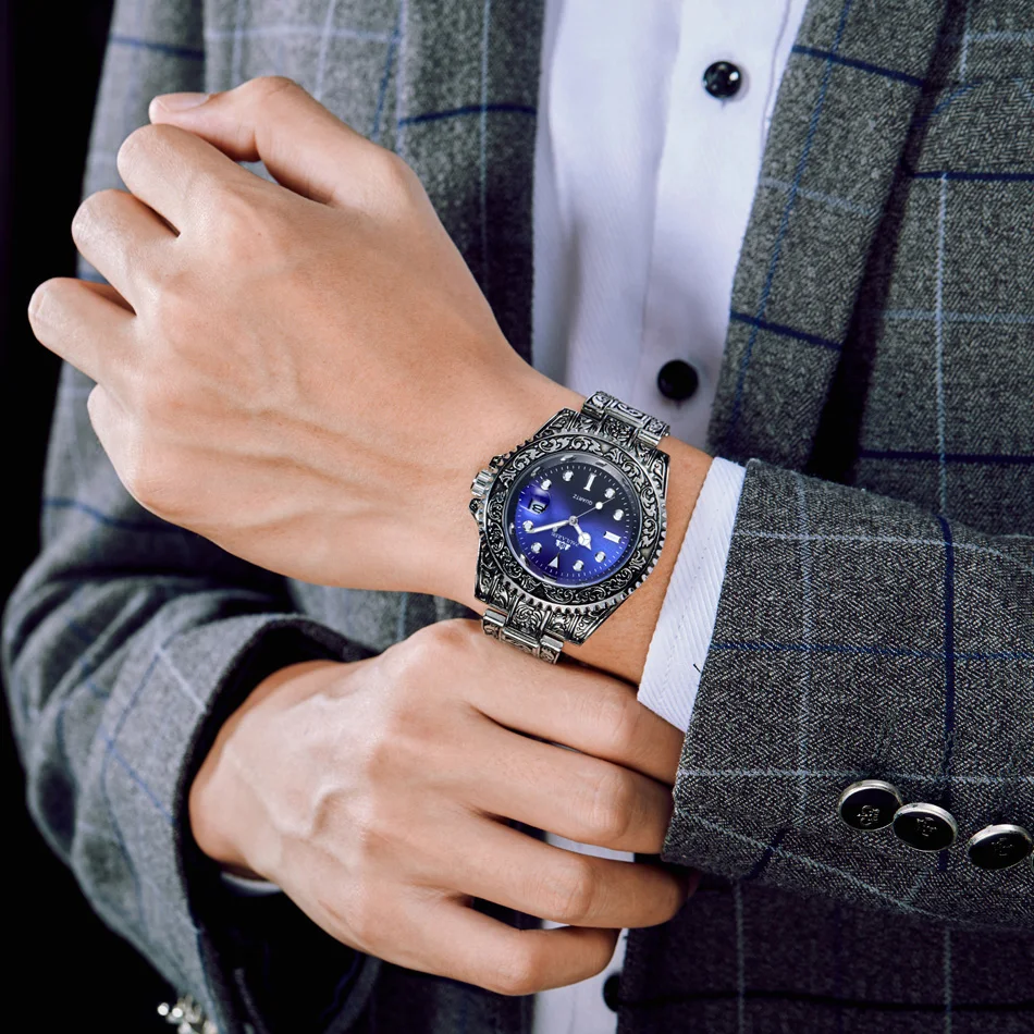 Luxury Carved Antique Vintage Luminous Rose Gold Yellow Gold Silver Red Green Blue Gradient Fashion Classic Quartz Men Watch