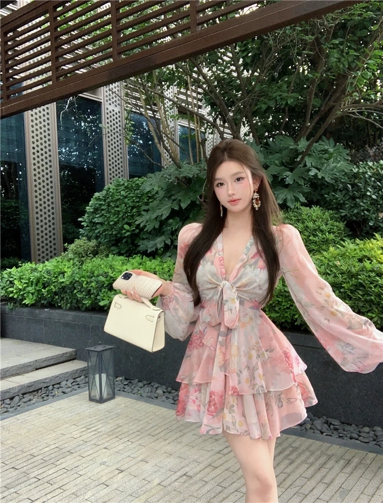 2024 Autumn Flower Chiffon Dress Women\'s V Neck Long Sleeve Floral Print Bandage Mini Flower Dresses Vestido