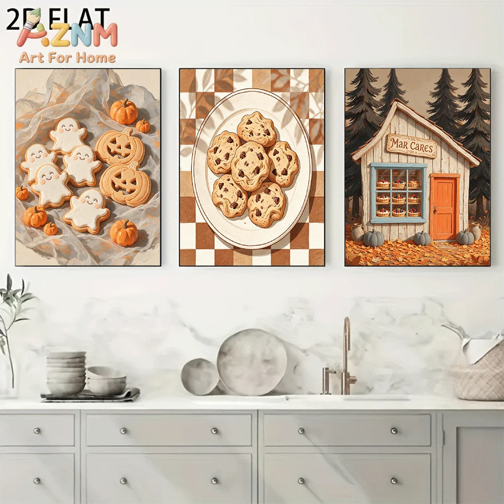 AZNM Frameless Canvas Wall Art, Fall Halloween Ghost Pumpkin Cookie Print, Cute Autumn Pastry Cabin Art Wall Decor for Kitchen L