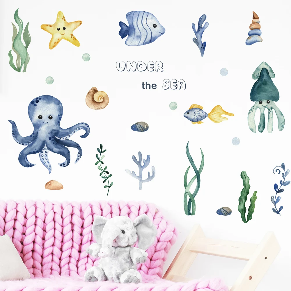 Cartoon Octopus Fish Removable Wall Stickers for Kids Room Kindergarten Eco-friendly Nursery Decor Window Bathroom Tile Decals