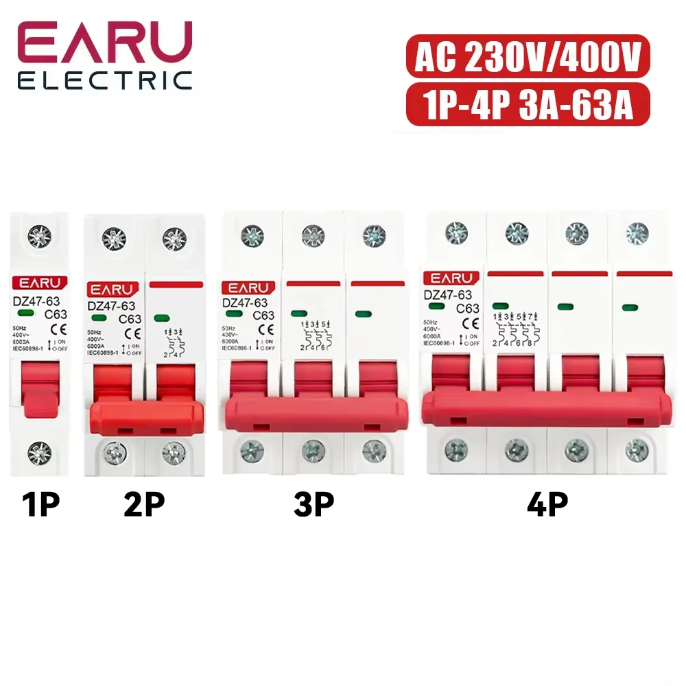 DZ47 1-4 Pole 3A/6A/10A/16A/20A/32A/40A/50A/63A 400V C Type Mini Circuit Breaker MCB 35mm Din Rail Mount Breaking Capacity 6KA