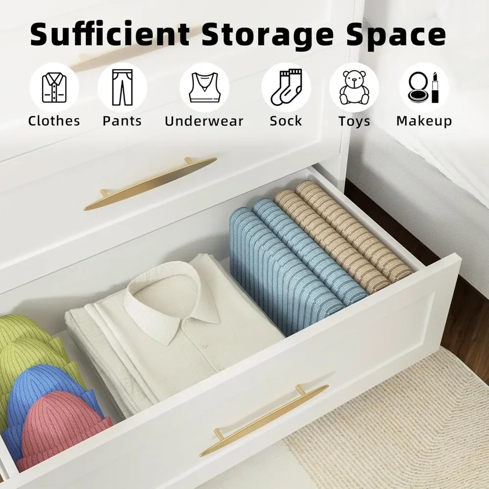 6 Drawer Dresser White and Gold, Tall Dresser for Bedroom, Wood Storage Cabinet, Storage Solution for Entryway and Hallway