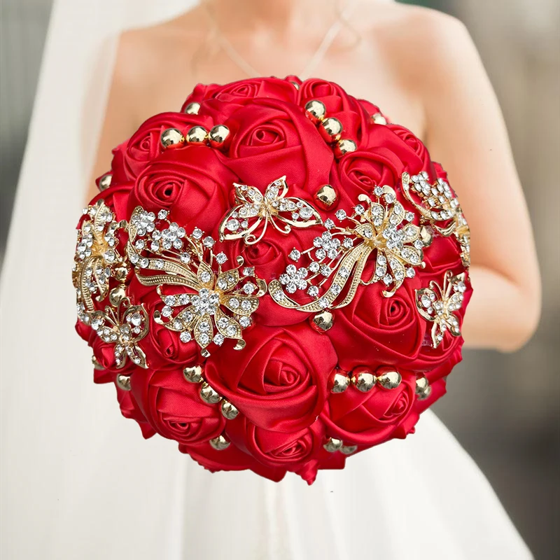 

Red Wedding Flowers Bridal Romantic Bouquet with gold jewelry