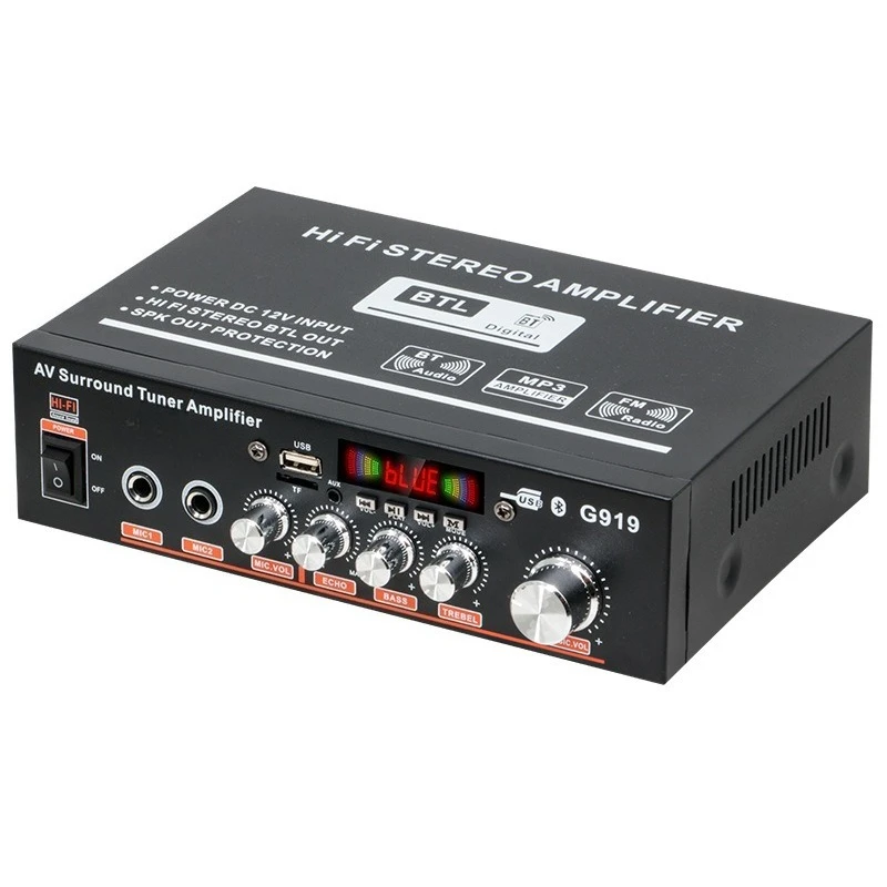 G919 Mini Digital HiFi Stereo Amplifier DC12V AC110-220V USB TF FM Radio Microphone Home Speaker Power Amplifier