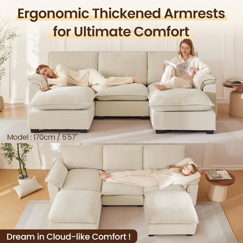 

Modular Sectional Sofa – Deep Seat Cloud Couch with Reversible Chaise, L-Shaped Chenille Beige & Padded Armrests