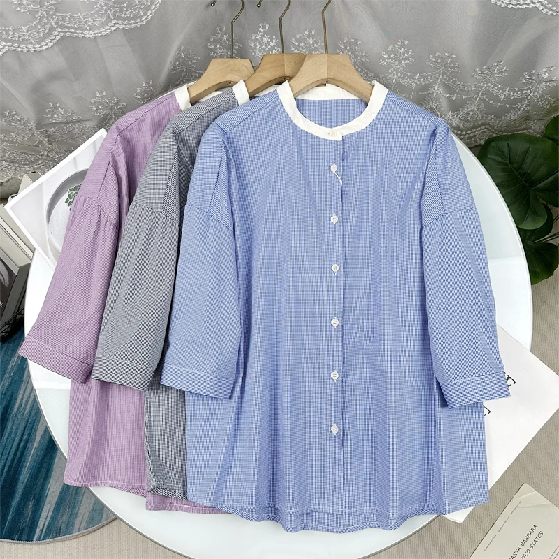 

Элегантная женская рубашка из хлопка и полиэстера с воротником-стойкой, пятью пуговицами на рукавах, осенняя новинка, повседневный стиль, свободный крой