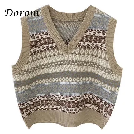 Vintage Argyle V-neck Knitted Sweater Vest Women Autumn Korean Sleeveless Loose Pullover Casual Oversized Waistcoat Female Tops