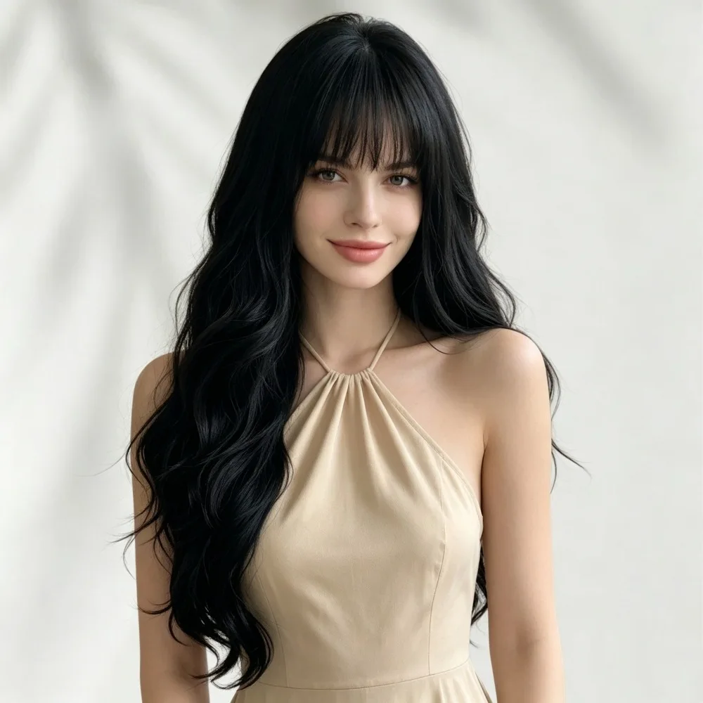 Black fashion wavy curly hair synthetic wig - Halloween party cosplay role-playing wig - Daily party wig - Hot wire wig set