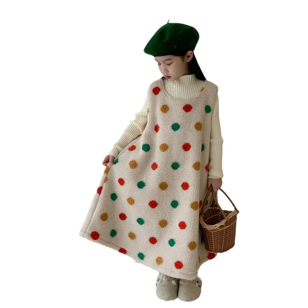 Children\'s Dress 2024 Winter Girl\'s  Colorful Dotted Plush Vest Skirt Children\'s Sleeveless Lamb Hair Dress