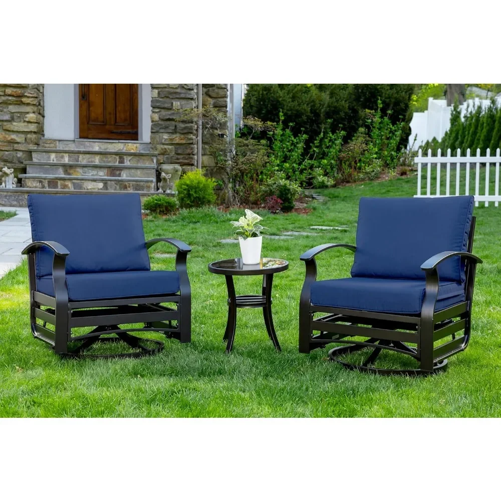 

3 Piece Patio Outdoor Aluminum Metal Swivel Rocking Chair with 1 Coffee Table and 2 Navy Padded Cushions Outdoor Metal