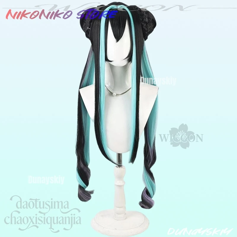 Little Mermaadd New Outfit Long Black Twin Ponytails Wigs Mint Green Highlights Synthetic Hair Cosplay GODDESSS Game VICTORYSS