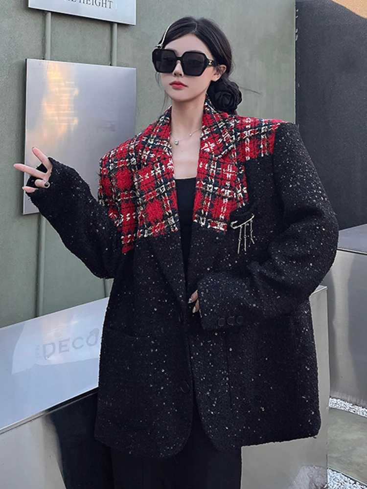 ZMEENNA Women Red Plaid Spliced Big Size Sequin Woolen Blazer New Lapel Long Sleeve Jacket Fashion Tide Spring Autumn 2024 ZM575