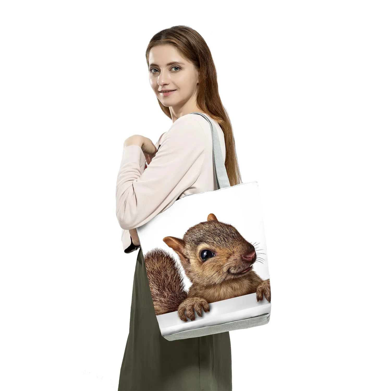 Impressão de esquilo adorável bolsa padrão personalizado casual bonito filhote de cachorro rosto bolsa de ombro engraçado pet sacos de compras dos desenhos animados portátil tote