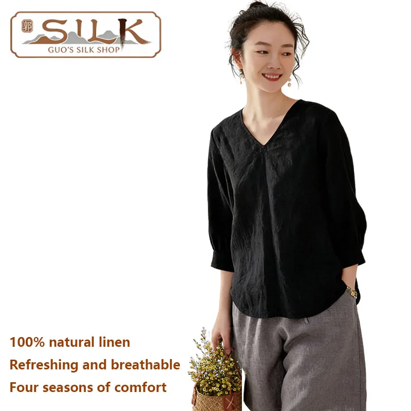 

Natural Pure Linen Women's T-shirt, Three-quarter Sleeve V-Neck Pullover, Simple Comfortable Casual Top, Spring Summer