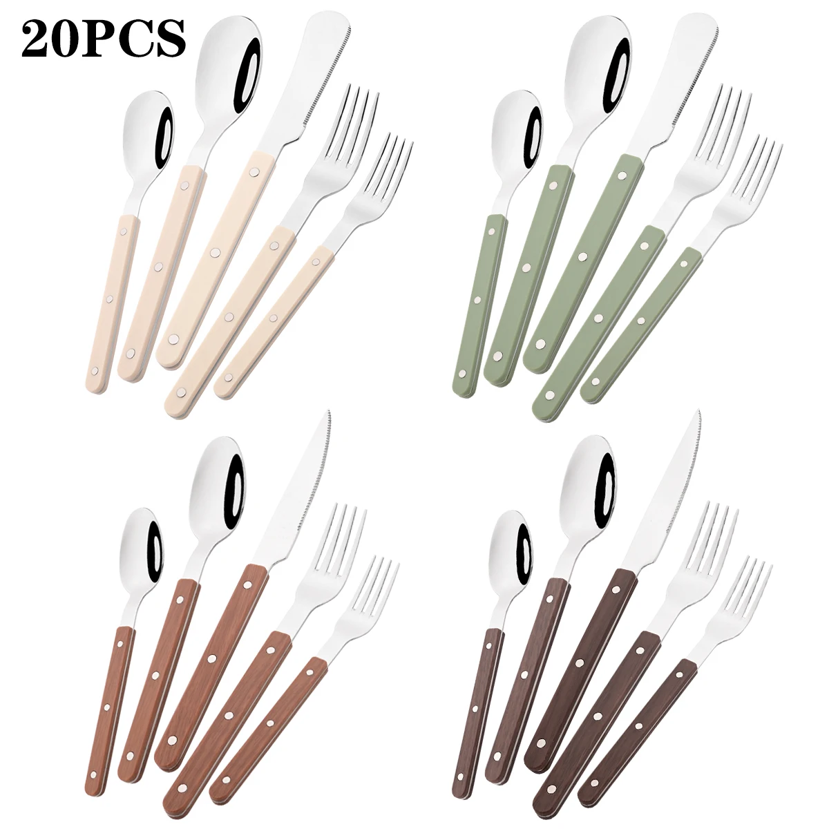 20pcs Steak Knife Cake Fork Coffee Spoon Tableware Set Plastic Clip Handle Stainless Steel Dinnerware Western Kitchen Flatware