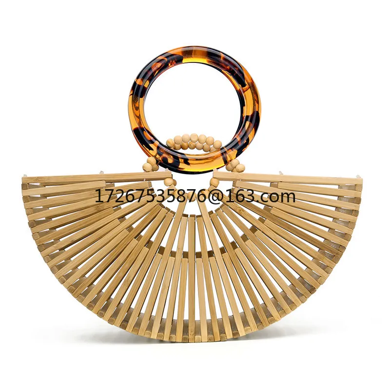 

New bamboo woven acrylic portable bamboo bag hollow woven bag European and American retro beach bag