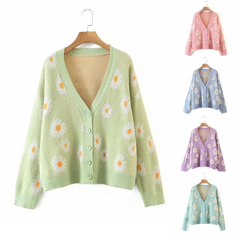 Sweet Print Daisy Knitted Cardigan Sweater for Women Autumn and Winter Knitwears Fashion Korean Warm V-neck Cardigans Coat 28632