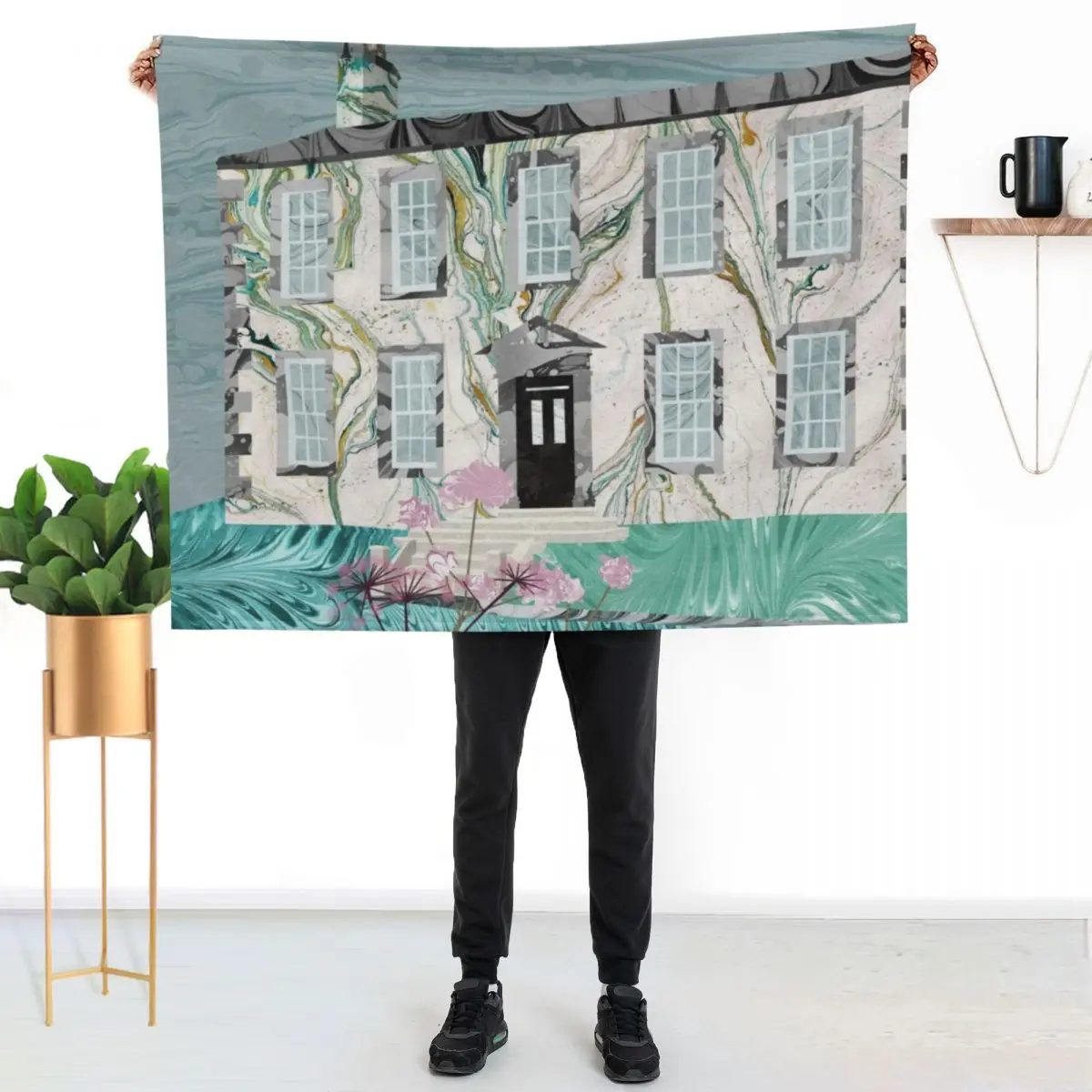 The Bronte Sisters' Parsonage,Haworth : Collage in Marbled Bookbinding Paper Throw Blanket Single Luxury Designer Kid'S Blankets