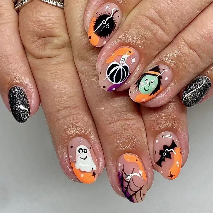 

24pcs Short Demon Pumpkin Bat Spider Press on Nails Glitter Halloween Full Cover False Nail Tips for Women&Girls Party Wear