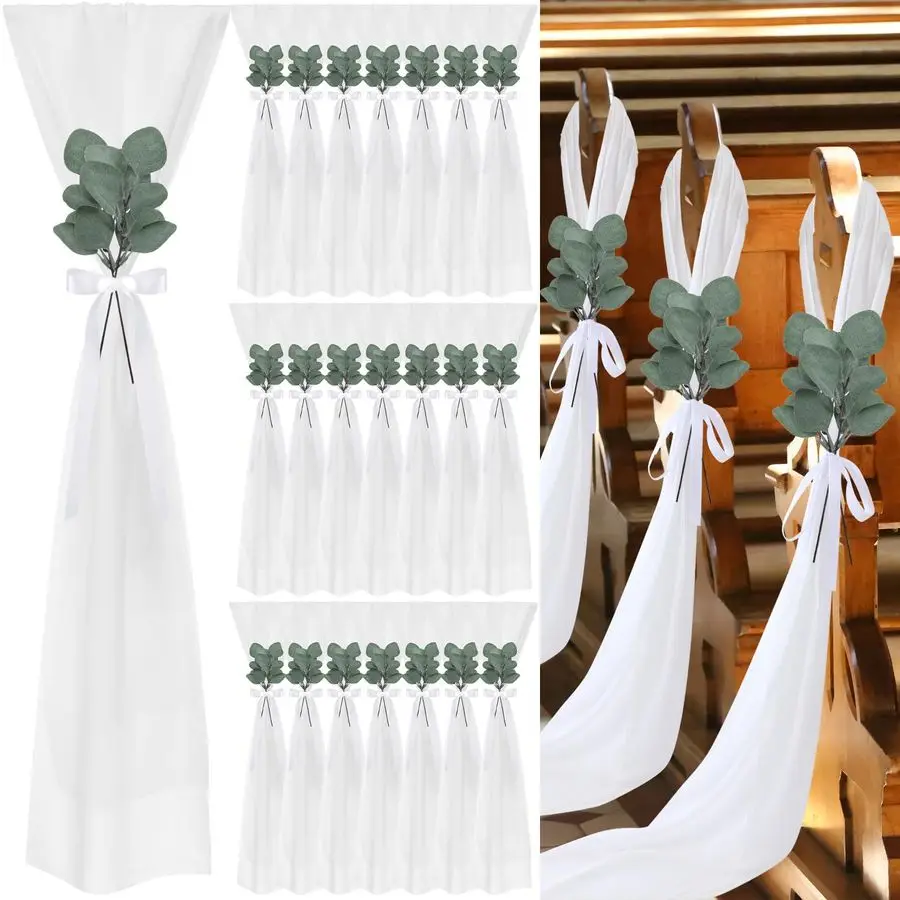 

48 Set Wedding Aisle Chair Decoration Bulk Church Pew Chiffon White Chair Sashes with Ribbon Bows and Artificial Green Eucalyptu