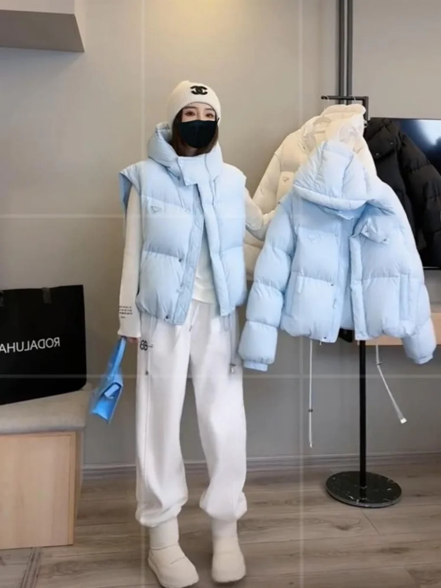 Women's Winter Puffer Jaet White Du down Hooded Two-Way Wear Warmth Faion Brand Casual Loose Fit Long Sve Zipper