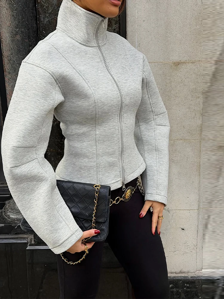 

Casual Women's Zipper Jacket Long Sleeve Stand Collar Gray Coat Female 2026 Spring Autumn Lady Outwears New