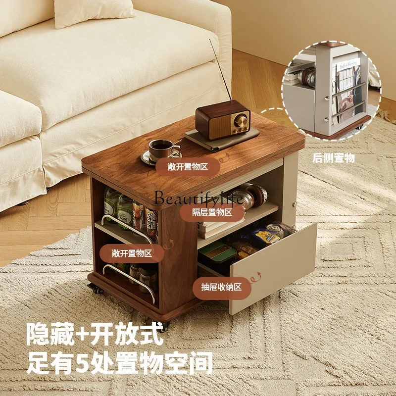 Wabi Sand Wind Movable Side Table Solid Wood Small Table Living Room Multifunctional Storage Cart Coffee Table