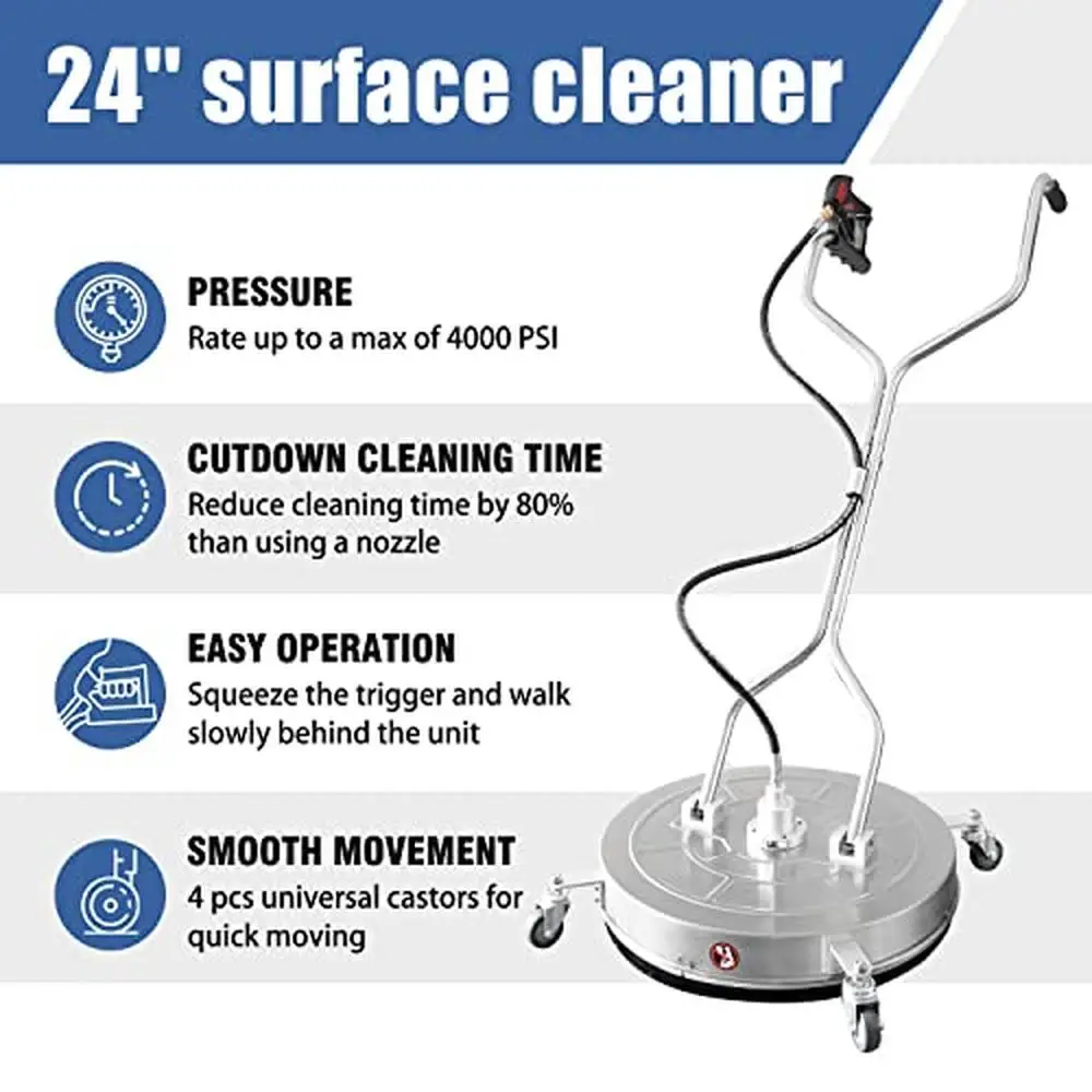 24'' Stainless Steel Pressure Washer Surface Cleaner with Dual Handle  Wheels  Nozzle Cores 2 Hose Adapters Fast Cleaning