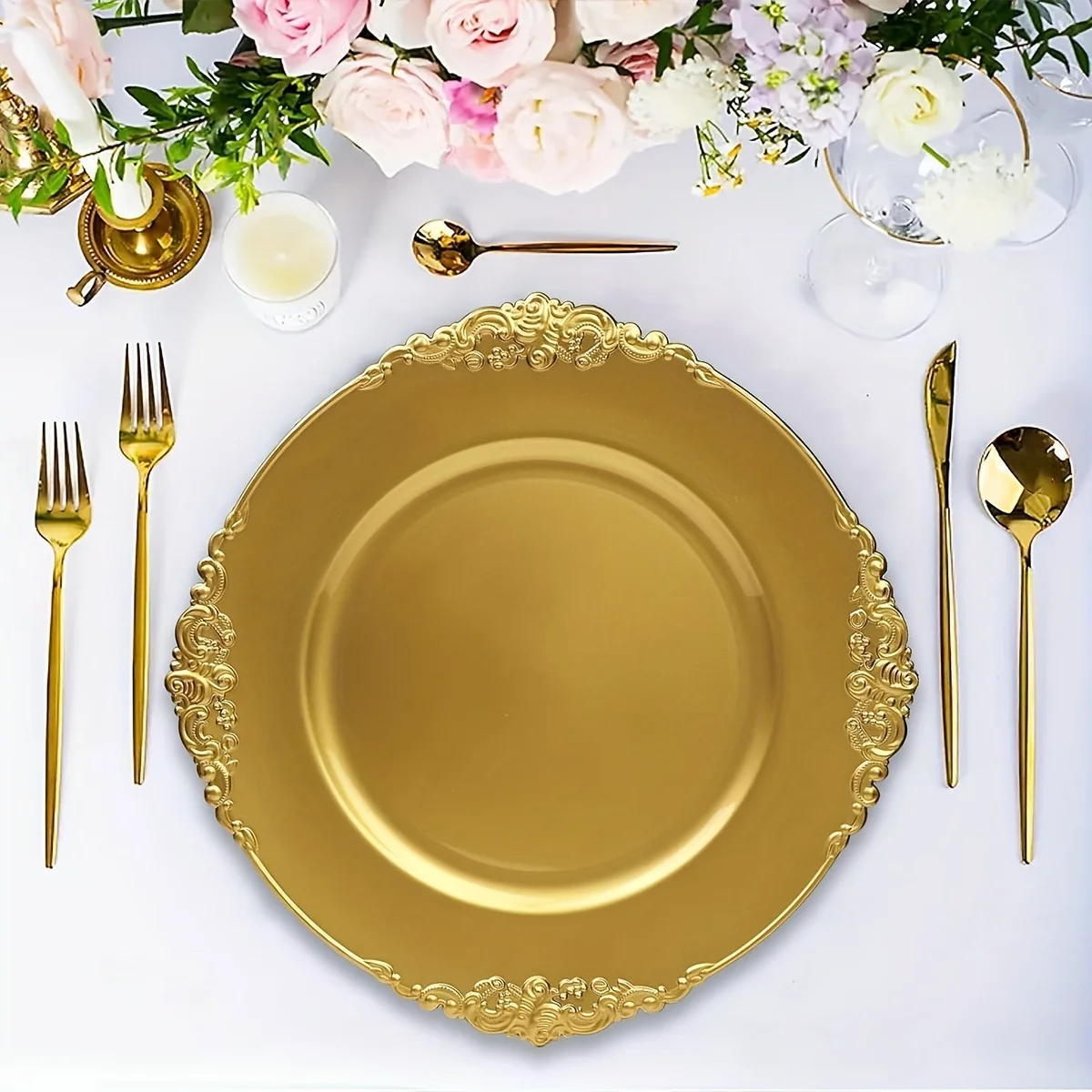 Imagem -04 - Estilo Retro Plástico Ouro Charger Placas Rodada Modelado Placemat Jantar Servindo Bandeja Decoração do Casamento Decorar o Natal 13 Pcs