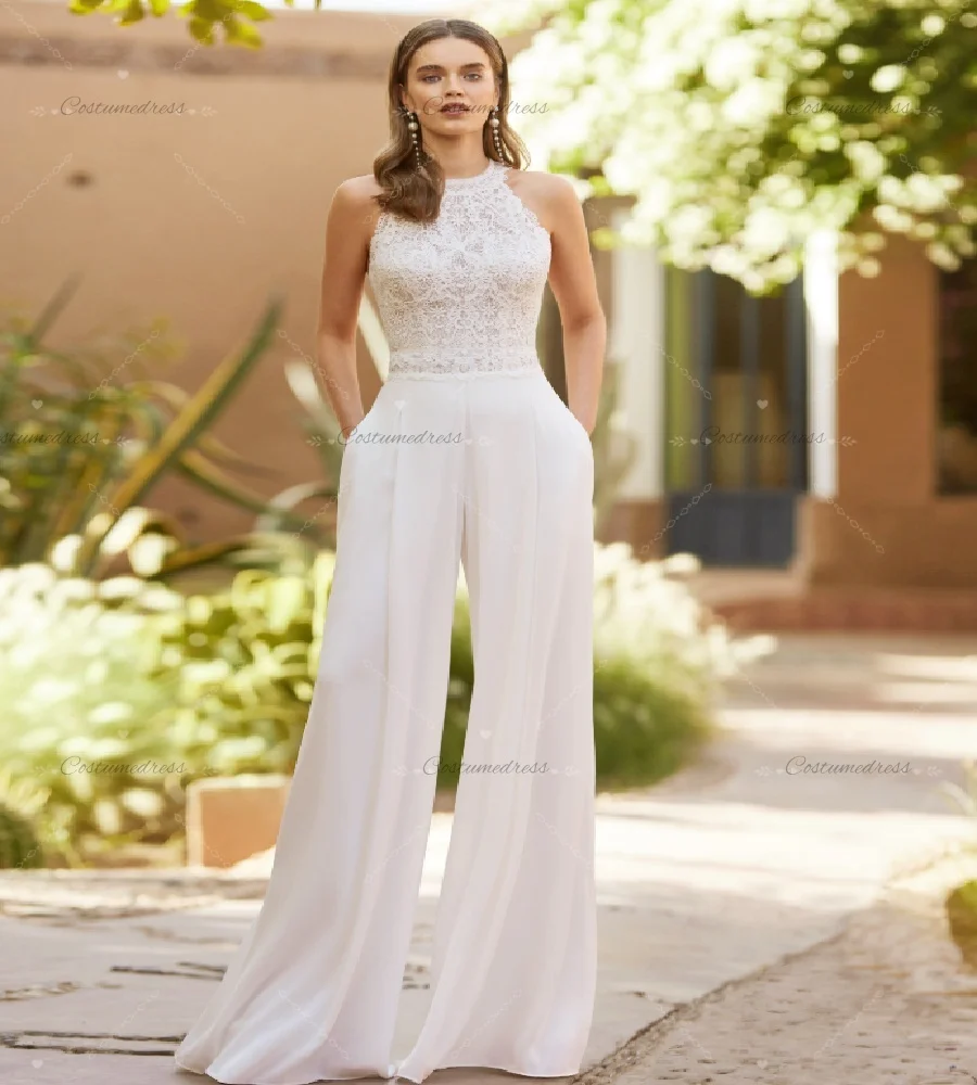 Romantic Jumpsuit Wedding Dress 2026 Sleeveless Lace Destination Boho Bridal Dress Elegant Bohemian Pearls