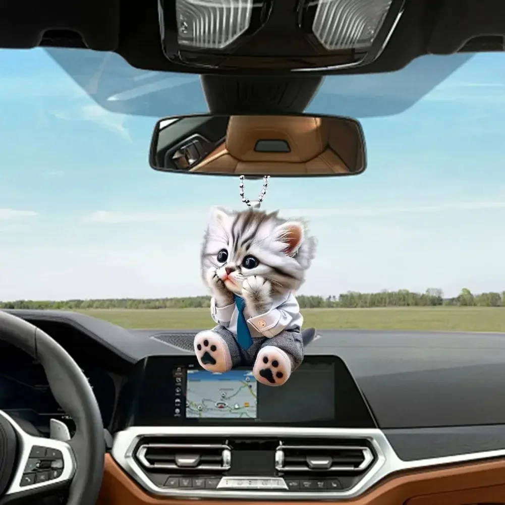 Universal Car Rearview Mirror Hanging Ornament Lifelike Cat Figurine with Chain, Lovely Auto Interior Decorative Pendant