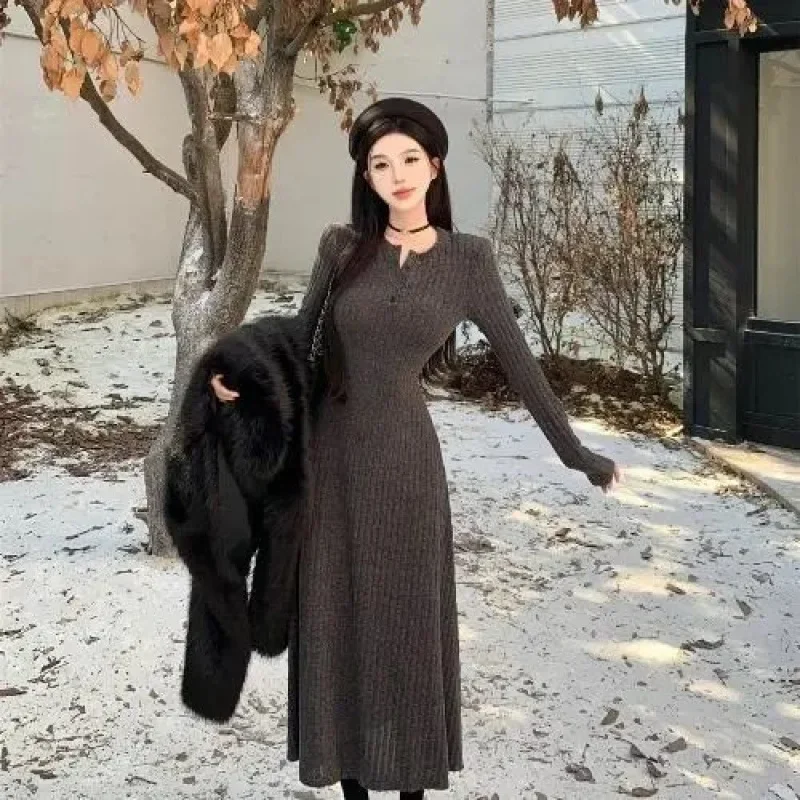 Elegant French Style Long Sleeve Knit Dress For Women Autumn Winter Inner Waist-Fitted Slimming Smooths Your Silhouette