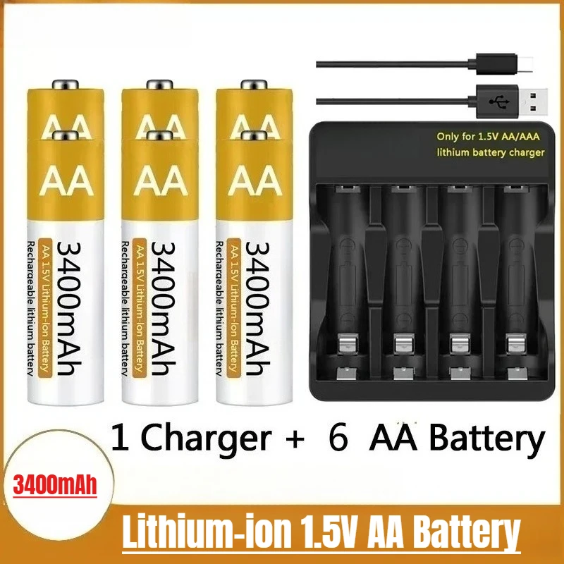 

Lithium-ion 1.5V AA Battery 3400mAh Rechargeable Battery for Remote Control Mouse Fan Alarm Clock with USB Charger