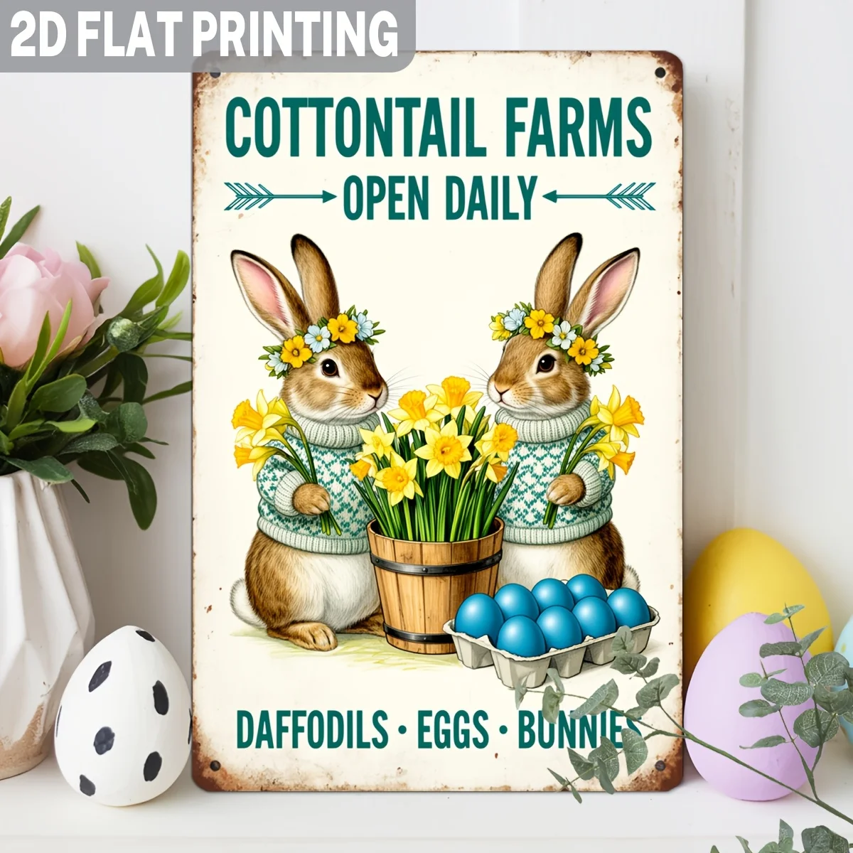 2D Flat, 1pc Cottontail Farms Vintage Metal Tin Sign - Bunny & Daffodils Spring Easter Eggs Wall Decor Suitable for Home, Garden