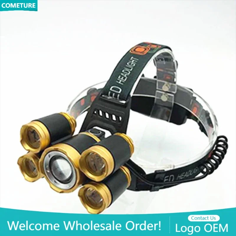 

5LED T6 Head Lamp Zoom Flashlight Torch Rechargeable Waterproof Smart Light Powerful LED Headlight Outdoor Tools