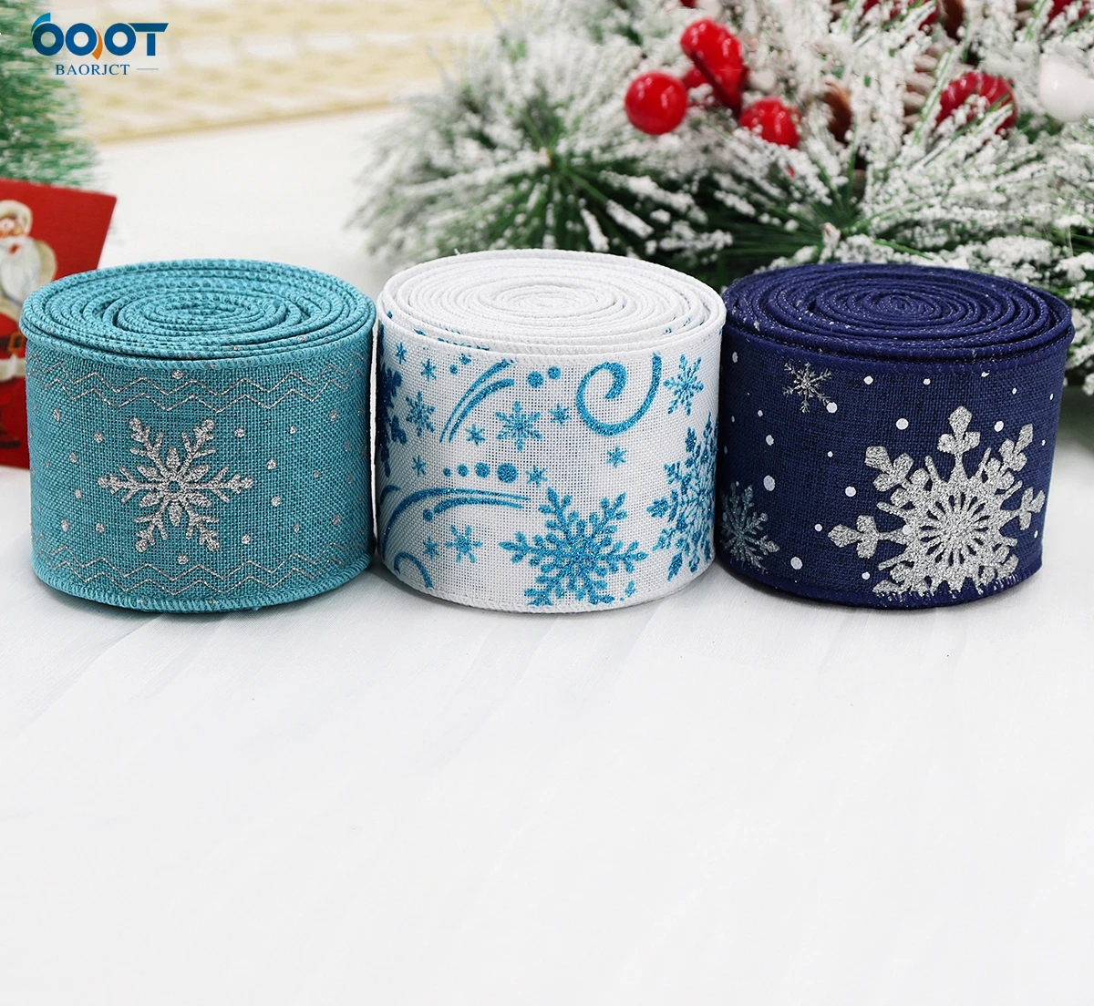 Christmas Snowflake Glitter Powder Metal Wire Wrapped Ribbon 63MM 5Yards Party DIY Bow Cap Decoration Materials