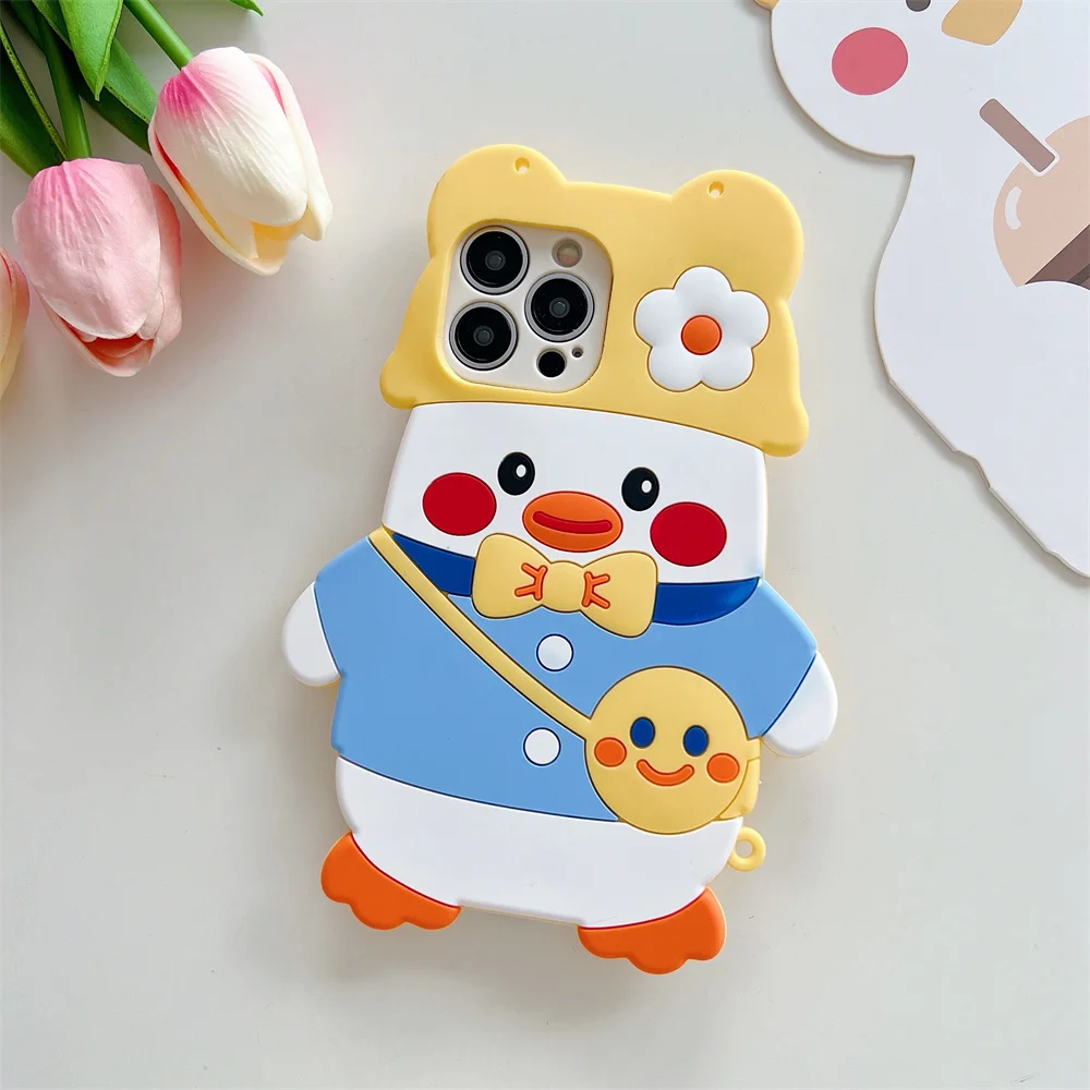 Cute Cartoon Duck Hat Bow Flower Bead Chain Case for S26 Ultra Crossbody Strap Protective Cover for Samsung Galaxy S25 S23 A57
