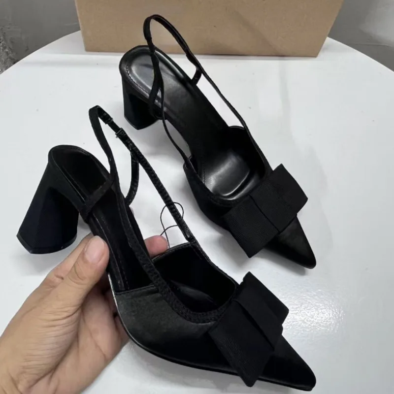 Pointed Toe Women\'s Office Shoes 2025 Spring Black Retro Bow Decoration High Heels Shallow Slingbacks Elegant Ladies Pumps