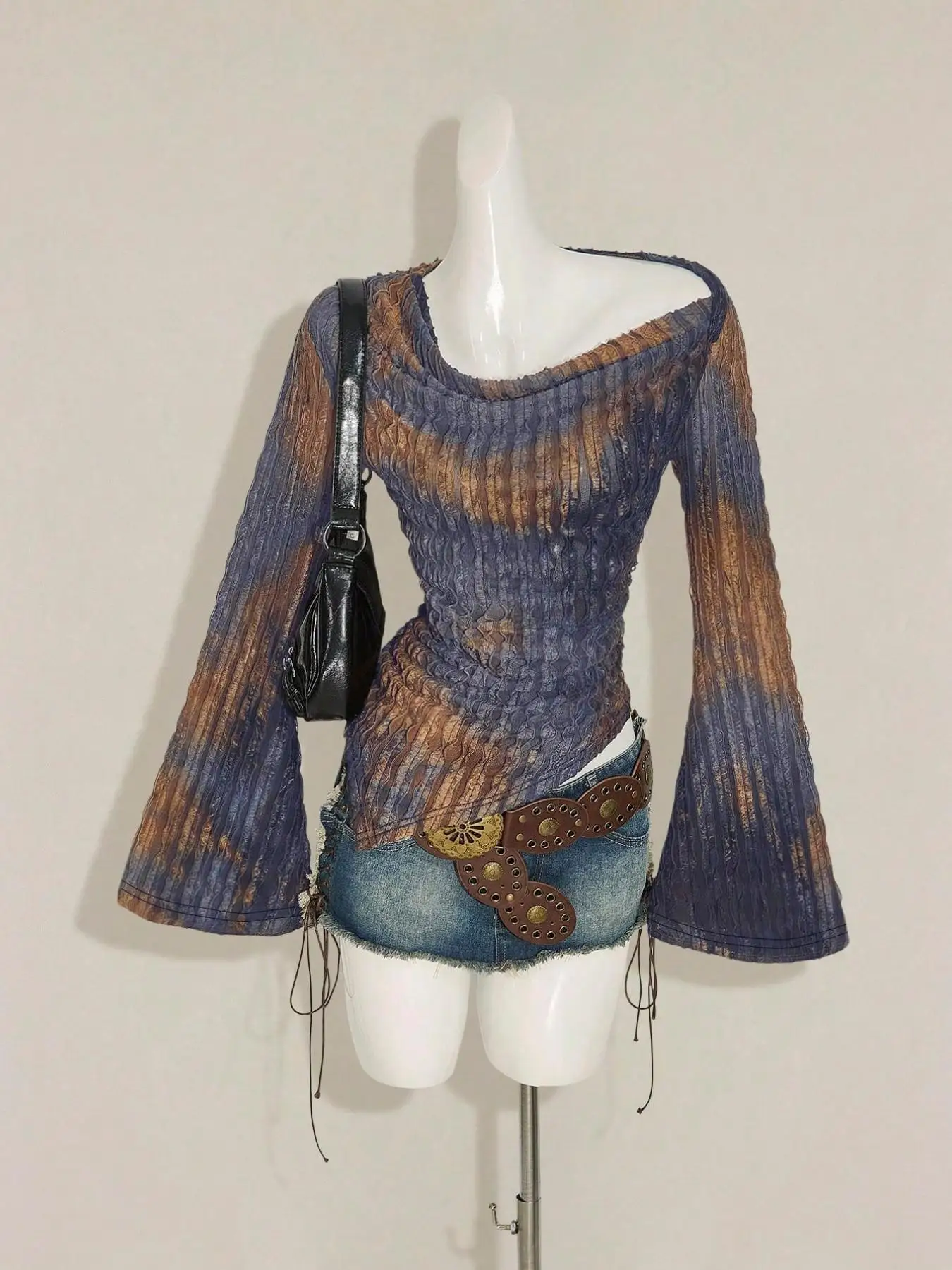 Women's Dyed round Neck Shoulder Bared Long Sleeve Top 1 Piece Tie Dye round Neckline Exposed Shoulder Long Sleeve Shirt