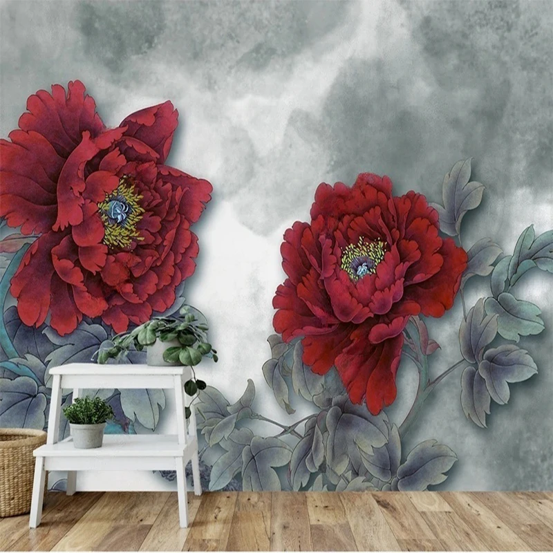 New Chinese-style classical and fashionable red peony leaf living room theme TV background wall Mural Indoor Office Decor