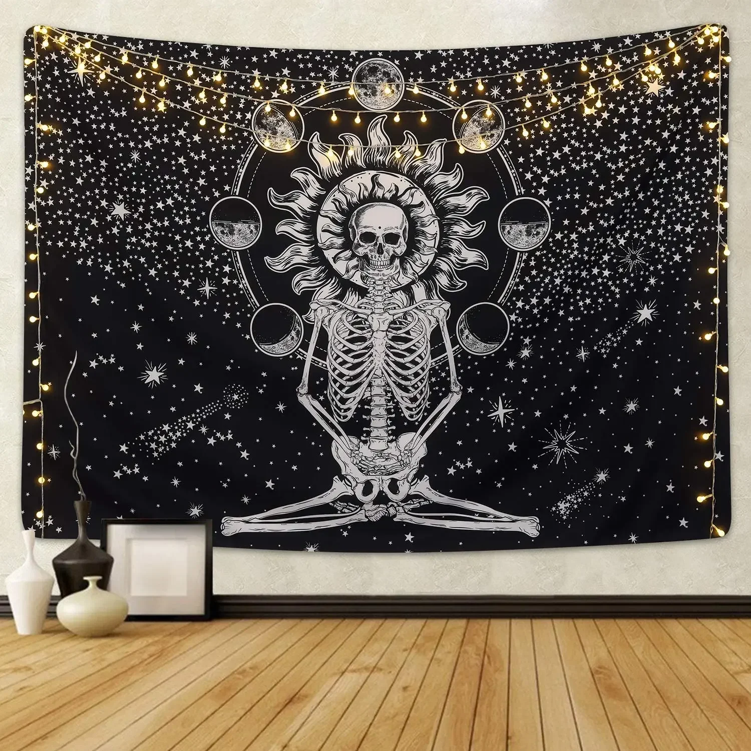 Skull Tapestry Meditation Skeleton Tapestry Chakra Tapestry Starry Black and White Stars for Room