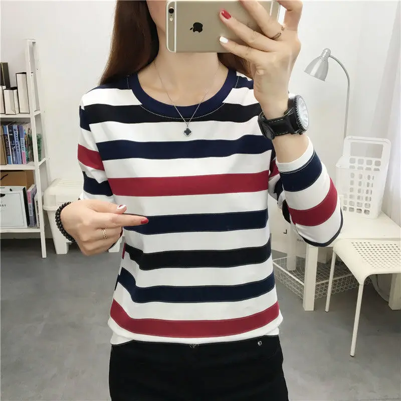 Office Lady Round Neck Striped Long Sleeve Pullover Women\'s Clothing T-shirt Casual Spring Autumn Contrast Color All-match Tops